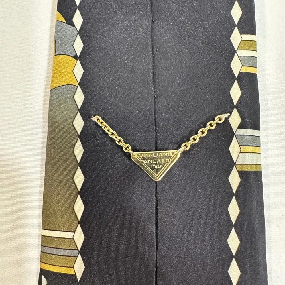 Vitaliano Pancaldi Silk Tie Mens Gold Black Abstract Geometric Made in Italy 4